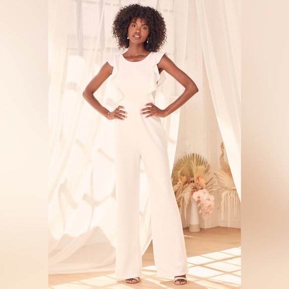 Lulus Feel Your Love White Ruffled Wide Leg Jumpsuit Size Small Bridal NWT - Picture 1 of 6